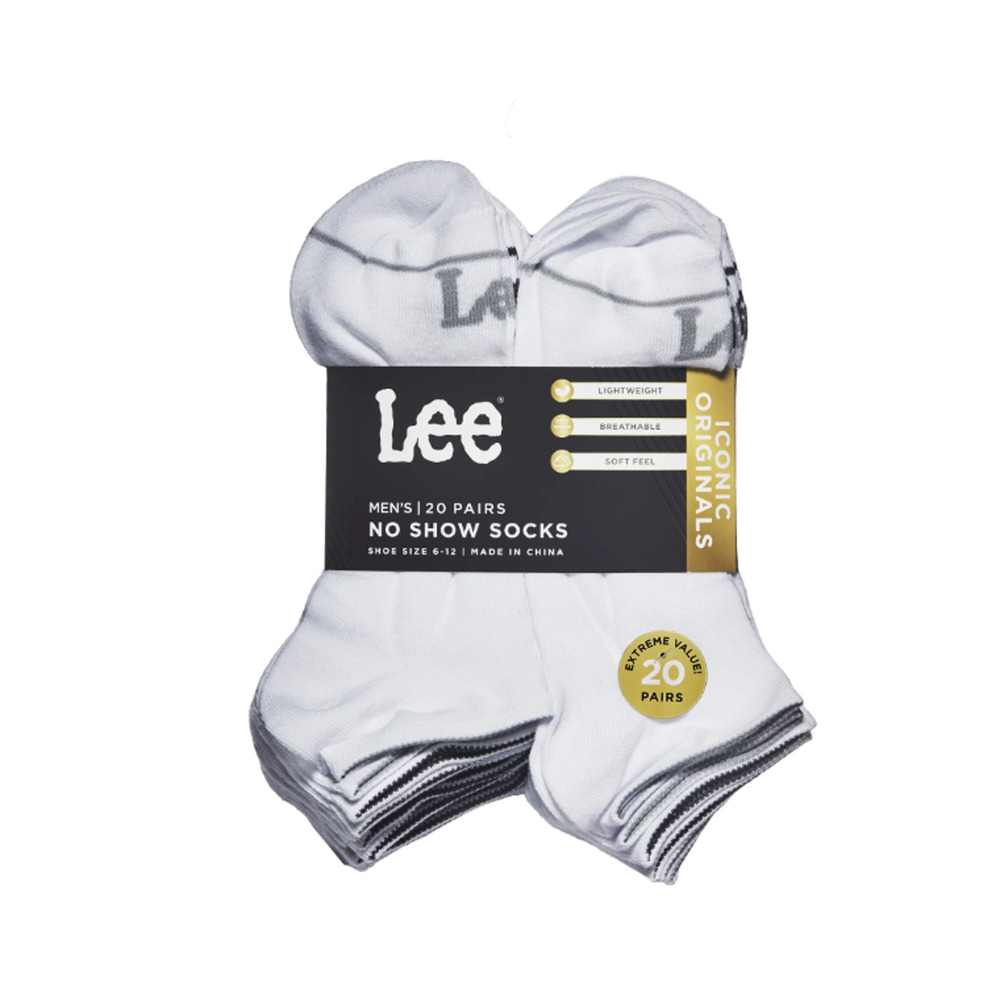 Lee Men's 20 Pairs No Show Socks Color White Shoe Size 6-12 Polyester